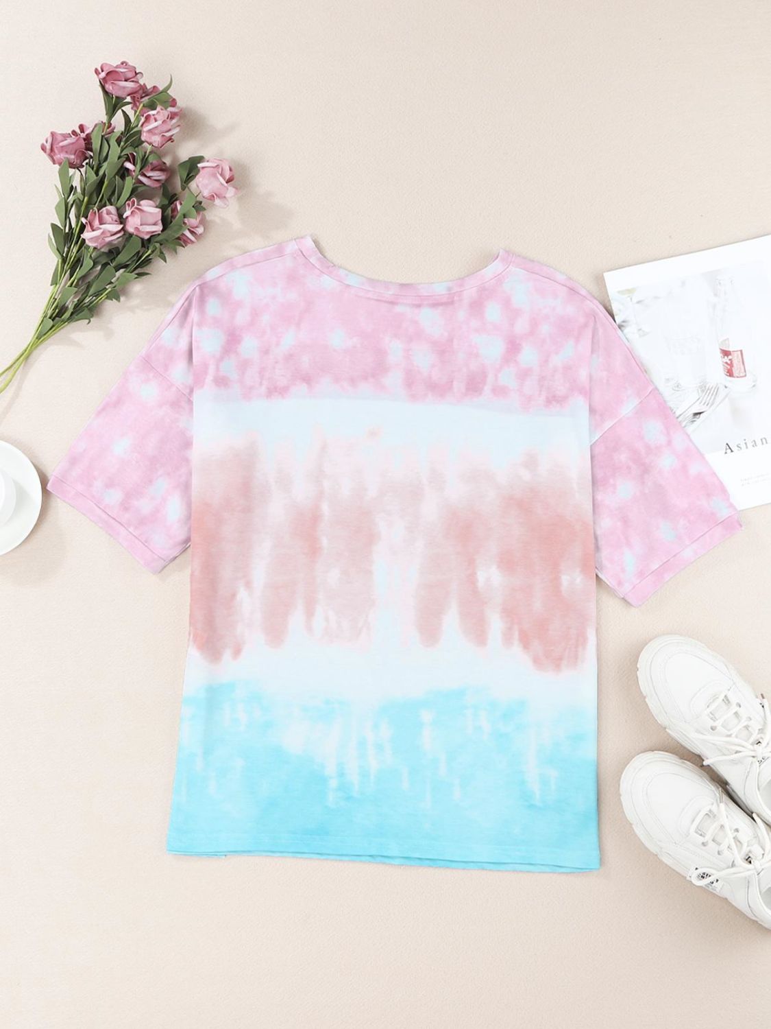 Tie-Dye Lace Trim Round Neck Top - Flyclothing LLC