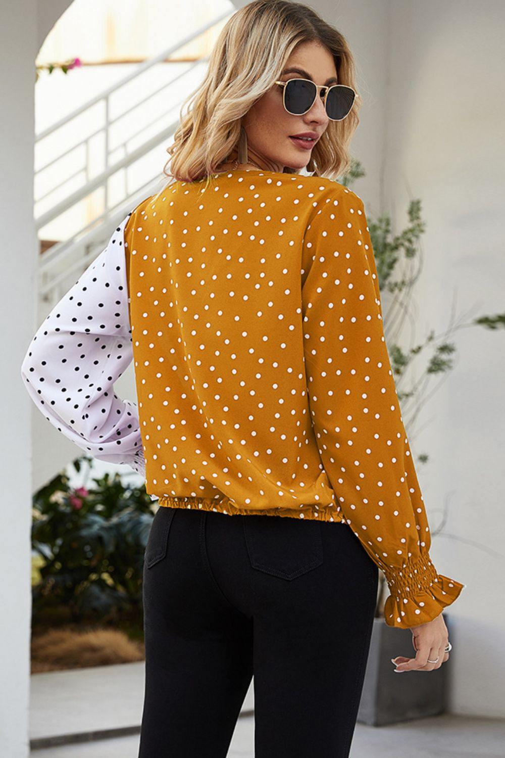 Polka Dot Surplice Neck Lantern Sleeve Blouse - Flyclothing LLC