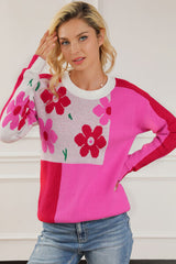 Floral Round Neck Dropped Shoulder Sweater - Flyclothing LLC