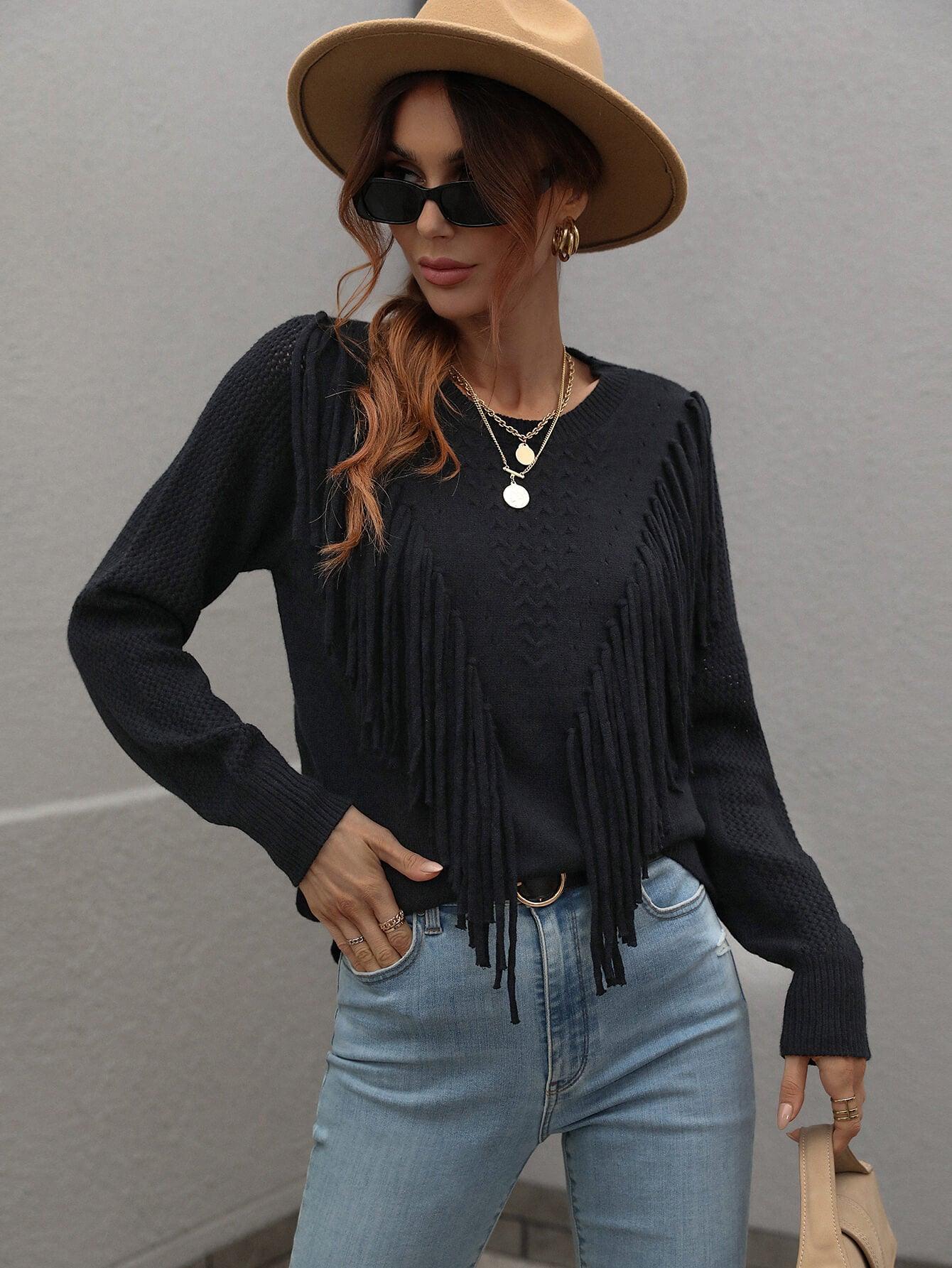 Fringe Detail Ribbed Trim Sweater - Flyclothing LLC