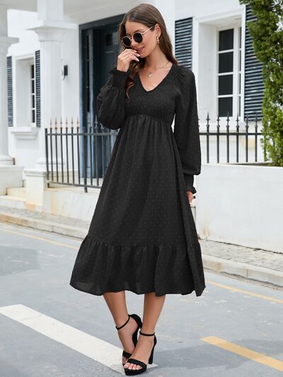 Swiss Dot V-Neck Smocked Lantern Sleeve Ruffle Hem Dress - Flyclothing LLC