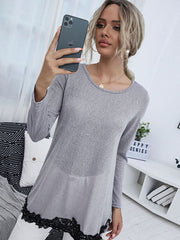 Spliced Lace Contrast Round Neck Top - Flyclothing LLC