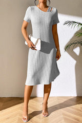 Ribbed Asymmetrical Neck Short Sleeve Dress - Flyclothing LLC