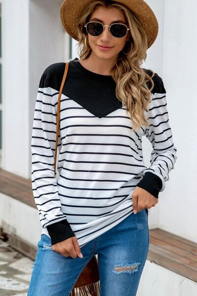 Striped Round Neck Long Sleeve T-Shirt - Flyclothing LLC