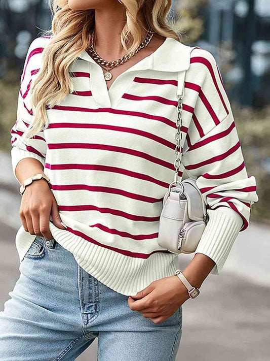 Striped Collared Neck Knit Top - Flyclothing LLC