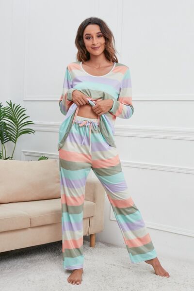 Striped Round Neck Long Sleeve Top and Drawstring Pants Lounge Set - Flyclothing LLC