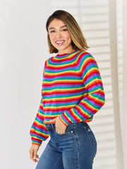 Striped Round Neck Long Sleeve Sweater - Flyclothing LLC