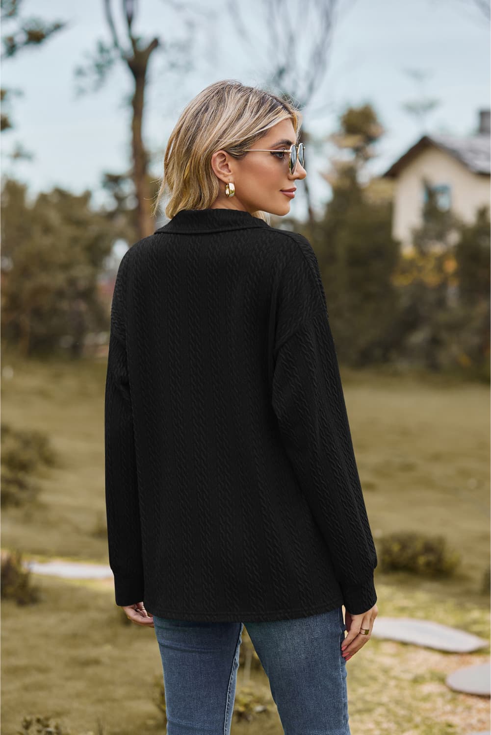 Collared Neck Cable-Knit Long Sleeve Blouse - Flyclothing LLC