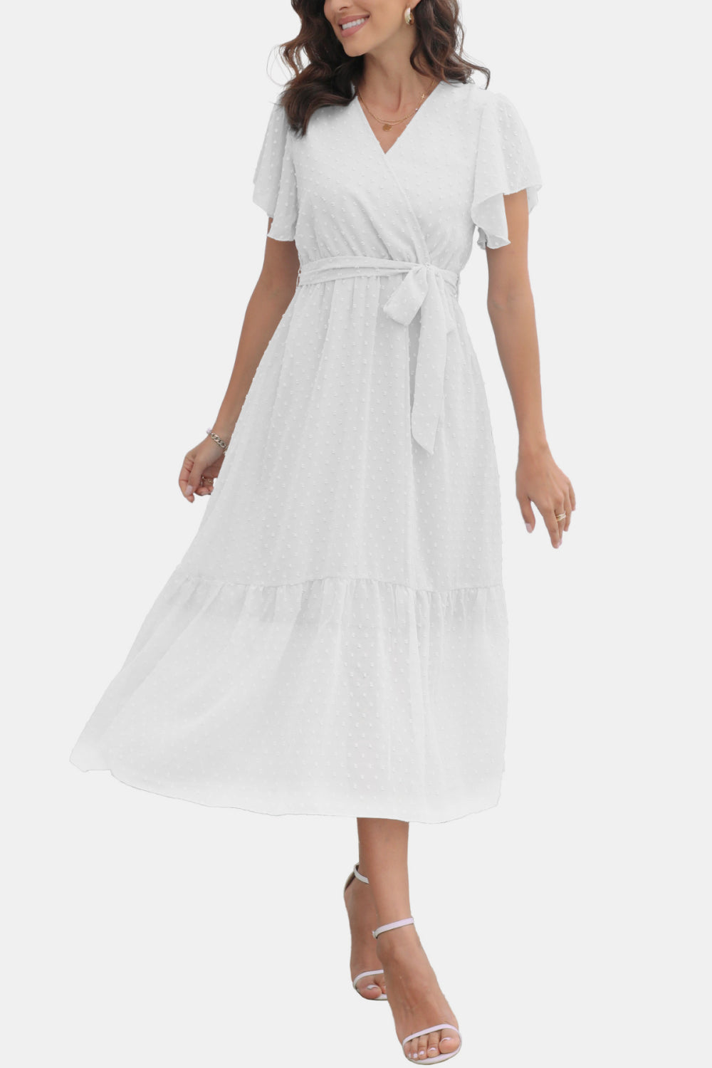 Surplice Neck Flutter Sleeve Tied Dress - Flyclothing LLC