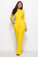 Mock Neck Tie-Waist Half Sleeve Jumpsuit - Flyclothing LLC