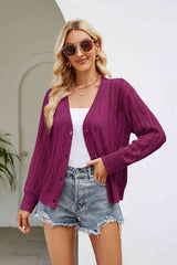 Openwork Button Front V-Neck Cardigan - Flyclothing LLC