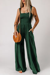 Smocked Square Neck Wide Leg Jumpsuit with Pockets - Flyclothing LLC