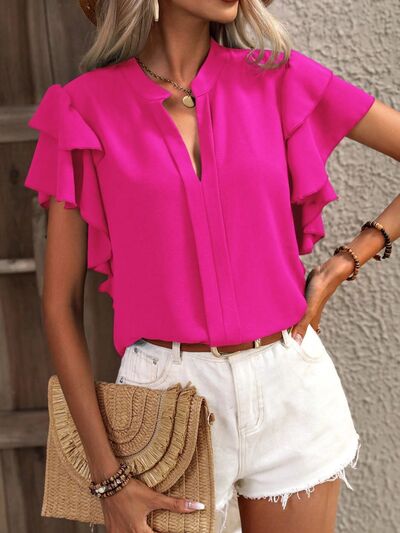 Ruffled Notched Short Sleeve Blouse - Flyclothing LLC