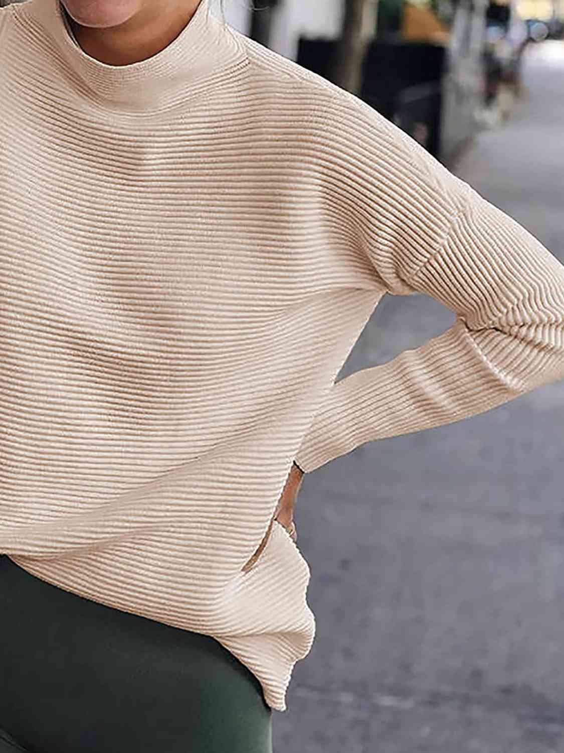 Ribbed Mock Neck Long Sleeve Sweater - Flyclothing LLC