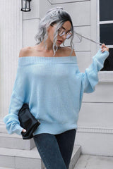 Off-Shoulder Ribbed Long Sleeve Pullover Sweater - Trendsi