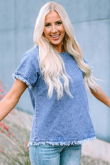 Round Neck Raglan Sleeve Raw Hem Denim Top - Flyclothing LLC