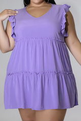 Plus Size V-Neck Frill Trim Mini Dress - Flyclothing LLC