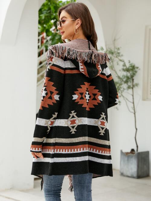 Fringe Geometric Hooded Long Sleeve Cardigan - Flyclothing LLC