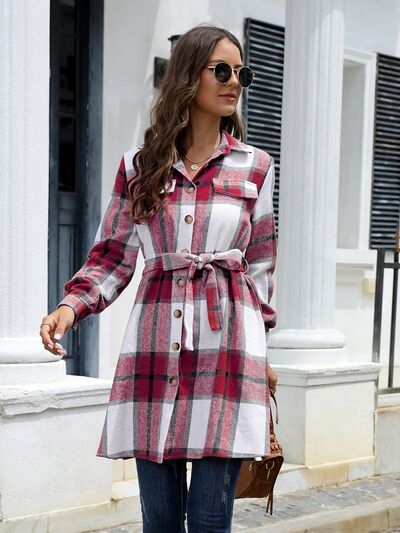 Plaid Belted Collared Neck Button Up Jacket - Flyclothing LLC