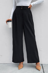 High Waist Ruched Pocketed Wide Leg Pants - Flyclothing LLC