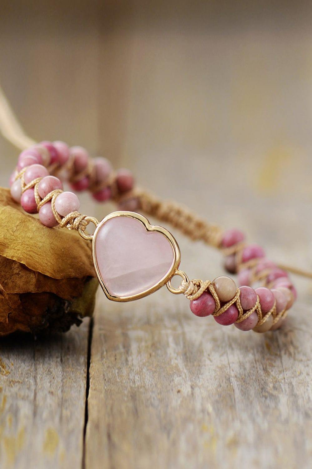 Rose Quartz Heart Beaded Bracelet - Trendsi