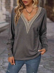 Contrast V-Neck Long Sleeve Top - Flyclothing LLC