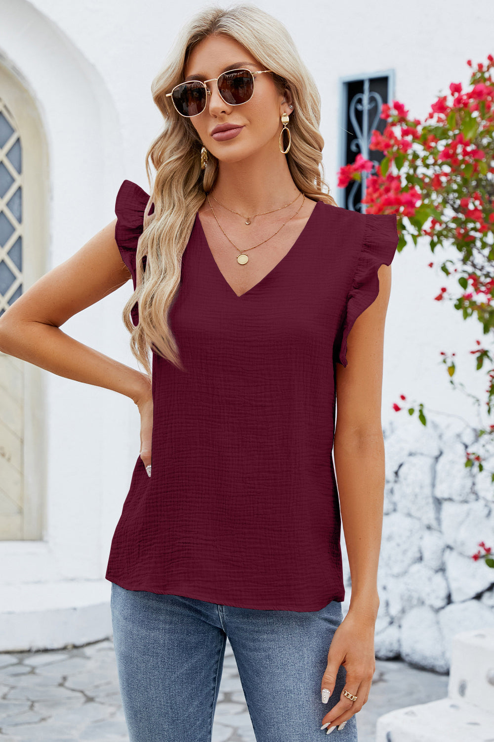 Ruffled V-Neck Cap Sleeve Blouse - Flyclothing LLC