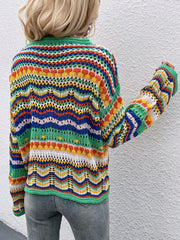 Rainbow Stripe Openwork Flare Sleeve Knit Top - Flyclothing LLC