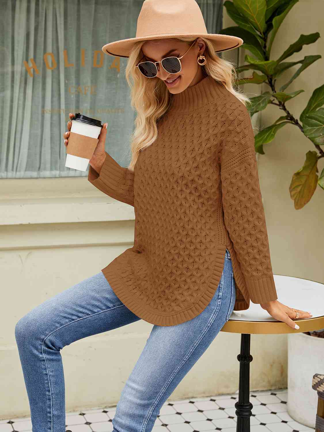 Mock Neck Slit Sweater - Flyclothing LLC