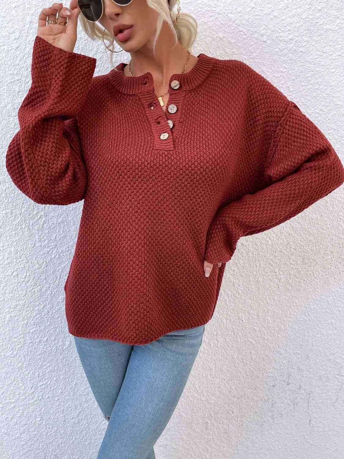 Quarter-Button Slit Sweater - Flyclothing LLC