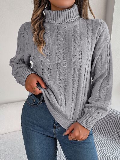 Cable-Knit Turtleneck Dropped Shoulder Sweater - Flyclothing LLC