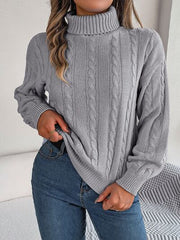 Cable-Knit Turtleneck Dropped Shoulder Sweater - Flyclothing LLC