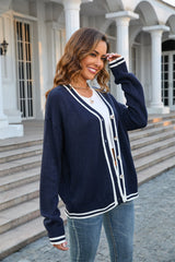 Buttoned V-Neck Long Sleeve Cardigan - Trendsi