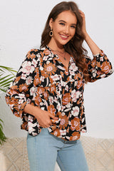 Floral Tie Neck Babydoll Blouse - Flyclothing LLC