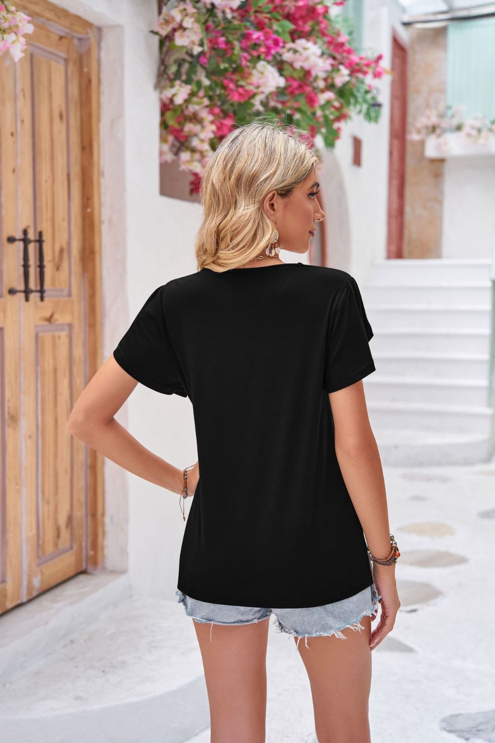 Contrast V-Neck Petal Sleeve Top - Flyclothing LLC