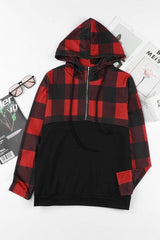 Drawstring Plaid Half Zip Hoodie - Trendsi