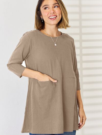 Pocketed Round Neck Half Sleeve Blouse - Flyclothing LLC