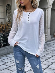 Quarter Button Round Neck Long Sleeve Blouse - Trendsi