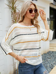 Eyelet Striped Round Neck Knit Top - Flyclothing LLC