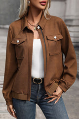 Textured Zip Up Collared Neck Jacket - Flyclothing LLC