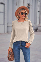 Heathered Puff Sleeve Round Neck Tunic Top - Trendsi