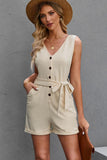 Button Front Belted Sleeveless Romper - Flyclothing LLC