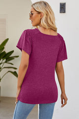 Smocked Round Neck Flutter Sleeve T-Shirt - Flyclothing LLC