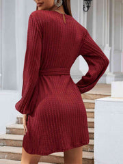 Round Neck Tie Front Long Sleeve Dress - Flyclothing LLC