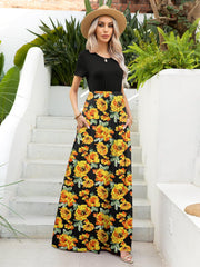 Printed Round Neck Short Sleeve Maxi Dress - Flyclothing LLC