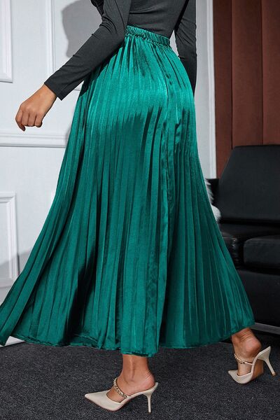 Pleated Elastic Waist Midi Skirt - Flyclothing LLC