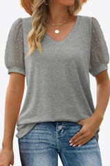 Swiss Dot Puff Sleeve V-Neck Tee - Flyclothing LLC