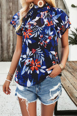 Printed Ruffled Mock Neck Blouse - Flyclothing LLC