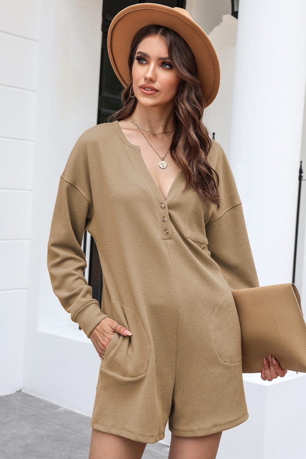 Notched Neck Long Sleeve Romper - Flyclothing LLC