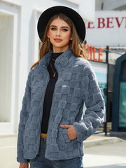 Fuzzy Checkered Zip Up Jacket - Flyclothing LLC